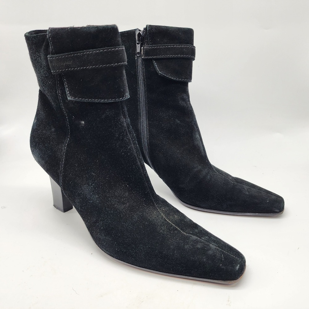 Vintage Salvatore Ferragamo Suede Ankle Boots Women's 8.5 Black Square Toe Heels